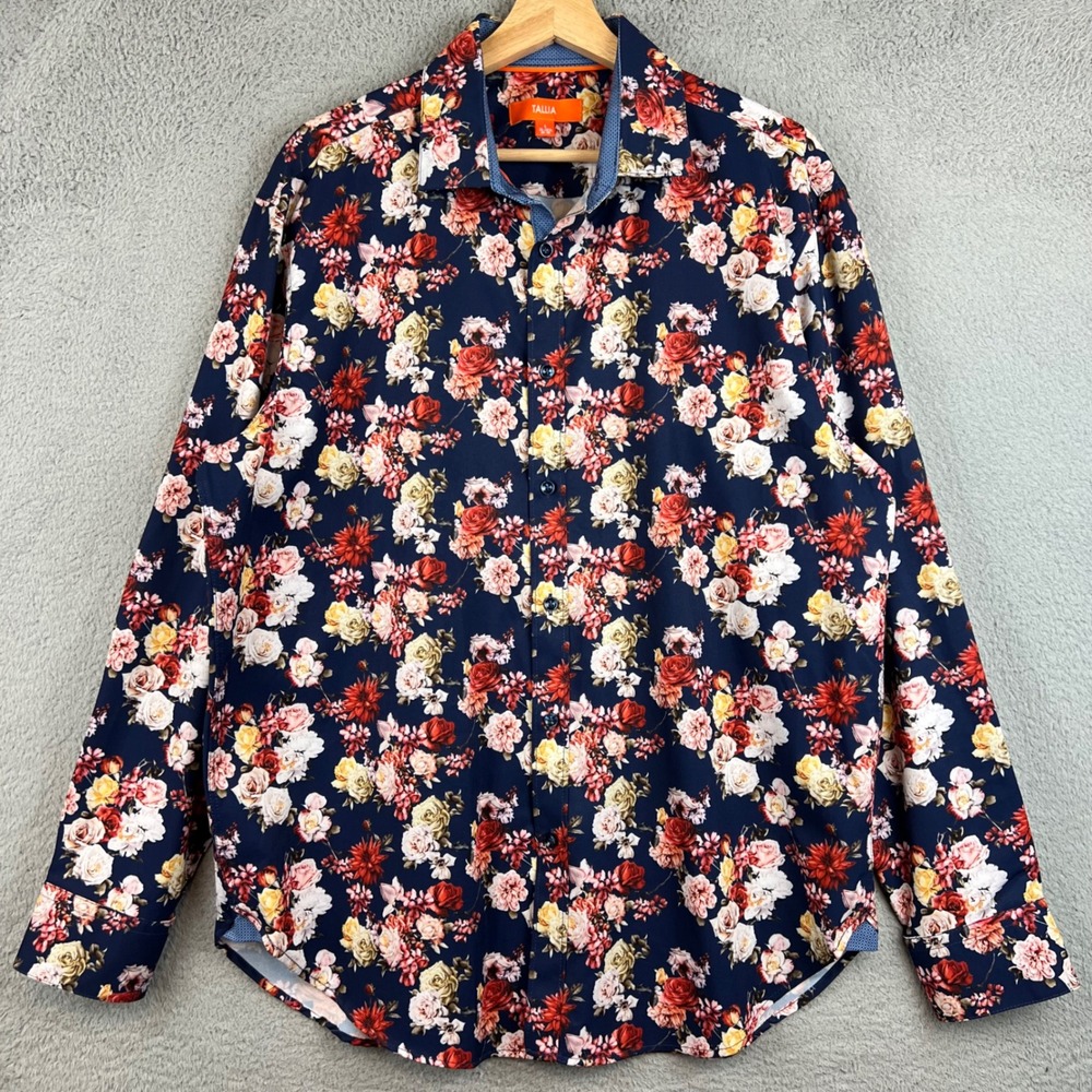 Tallia Orange Mens Navy Blue Floral Button Down Dress Shirt Large 16-16.5 34-35